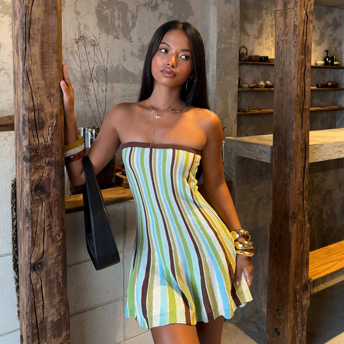 GREEN STRIPED STRAPLESS KNIT MINI DRESS