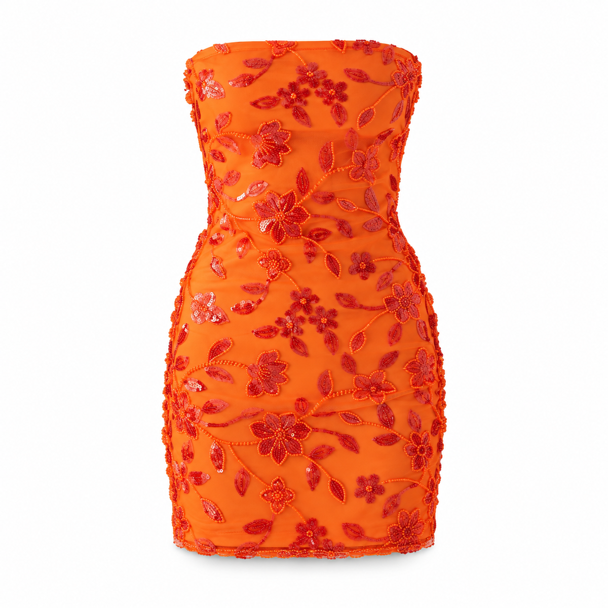 ORANGE FLORAL EMBELLISHED STRAPLESS MINI DRESS
