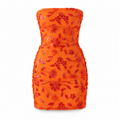 ORANGE FLORAL EMBELLISHED STRAPLESS MINI DRESS