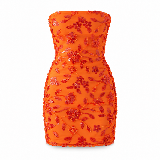 ORANGE FLORAL EMBELLISHED STRAPLESS MINI DRESS