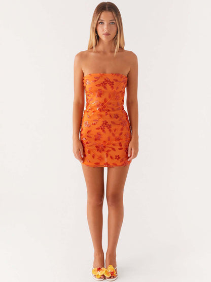 ORANGE FLORAL EMBELLISHED STRAPLESS MINI DRESS