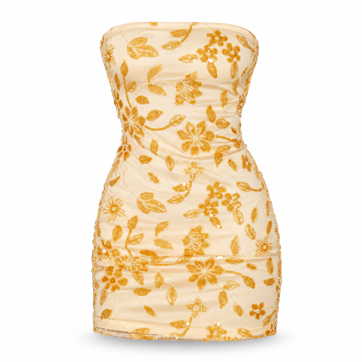YELLOW FLORAL EMBELLISHED STRAPLESS MINI DRESS