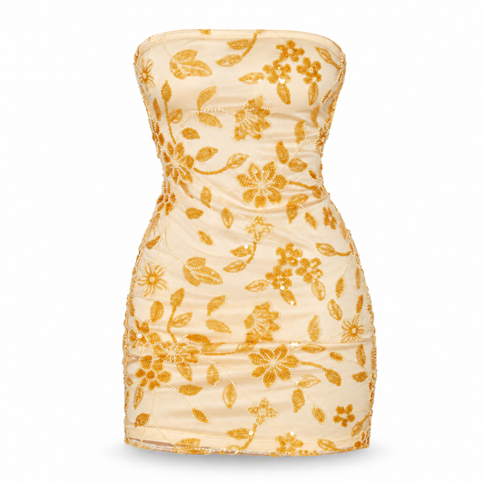 YELLOW FLORAL EMBELLISHED STRAPLESS MINI DRESS