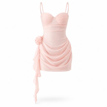 LIGHT PINK FLORAL APPLIQUE HALTER MINI DRESS