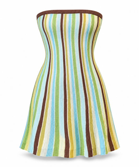 GREEN STRIPED STRAPLESS KNIT MINI DRESS